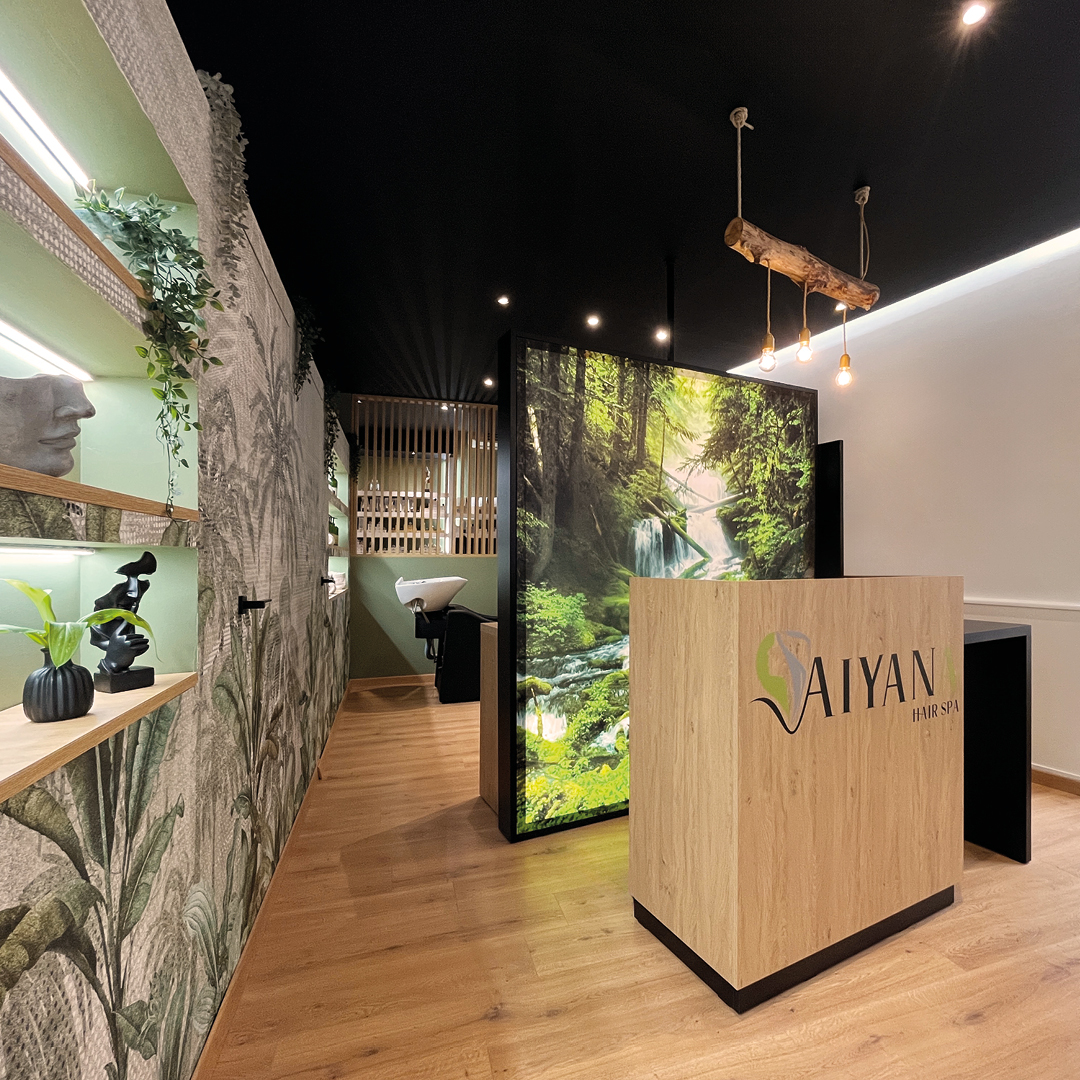 Immagine ingresso del Salone con mobile n legno. Colori che spaziano dal bianco verde e legno 